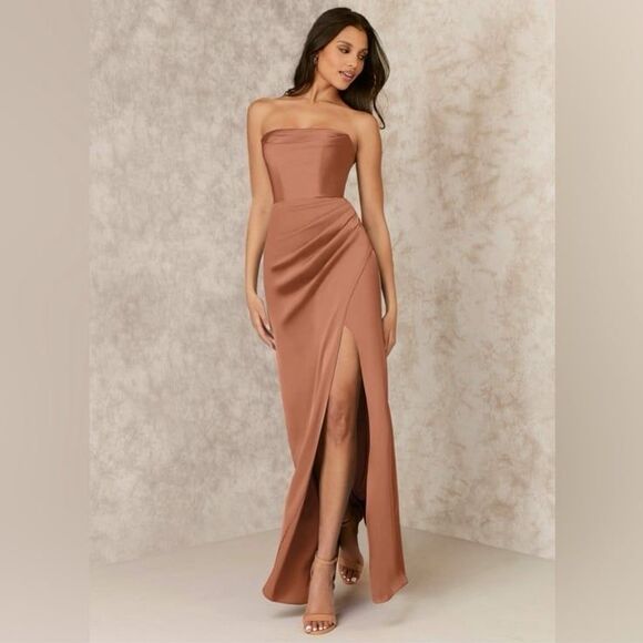 NWT AZAZIE X KENDALL + KYLIE Strapless Stretch Satin Sheath Dress in Bronzer - Picture 1 of 11